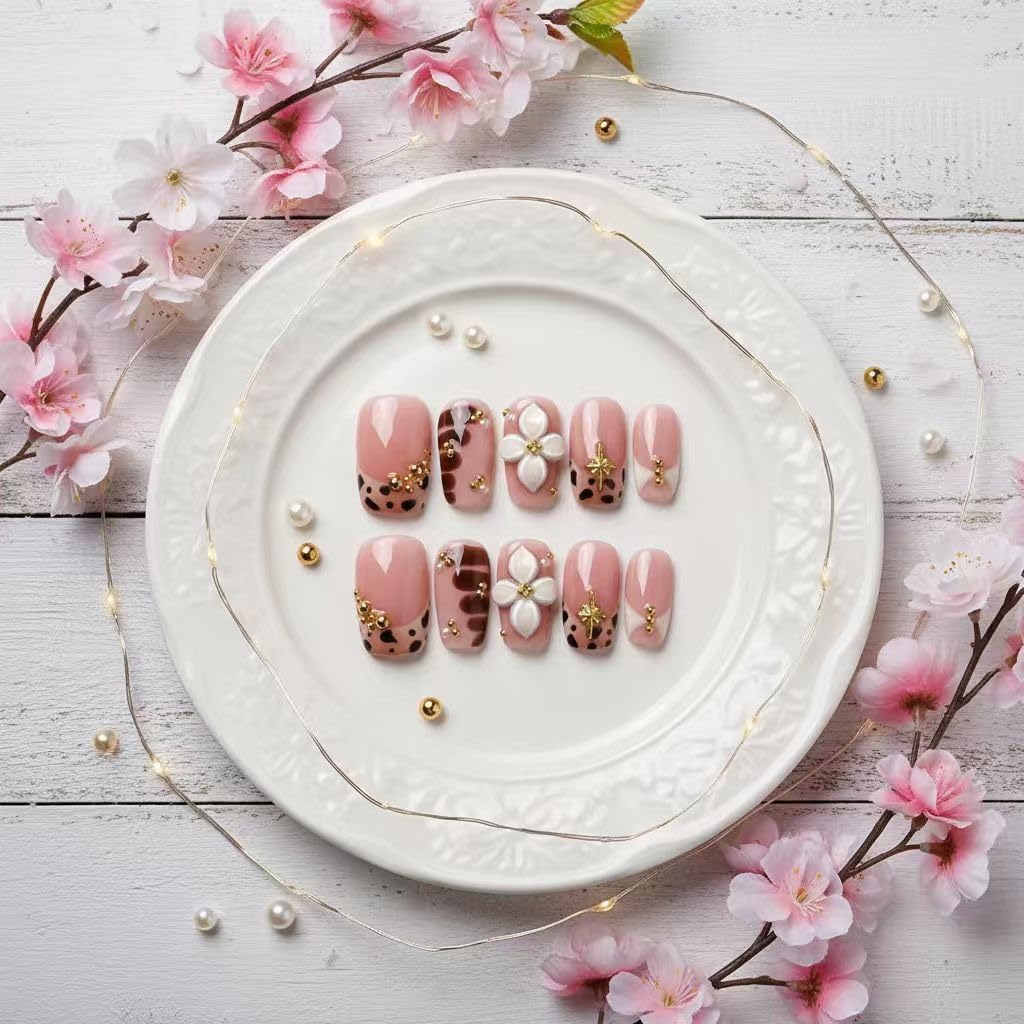 MikaJayboo Handmade Press n Nails Medium Square Nude Pink Leopard Print Fake Nails with 3D Flower Gold Bead for Women Glue on Nails for Daily Party 10Pcs(Size M)