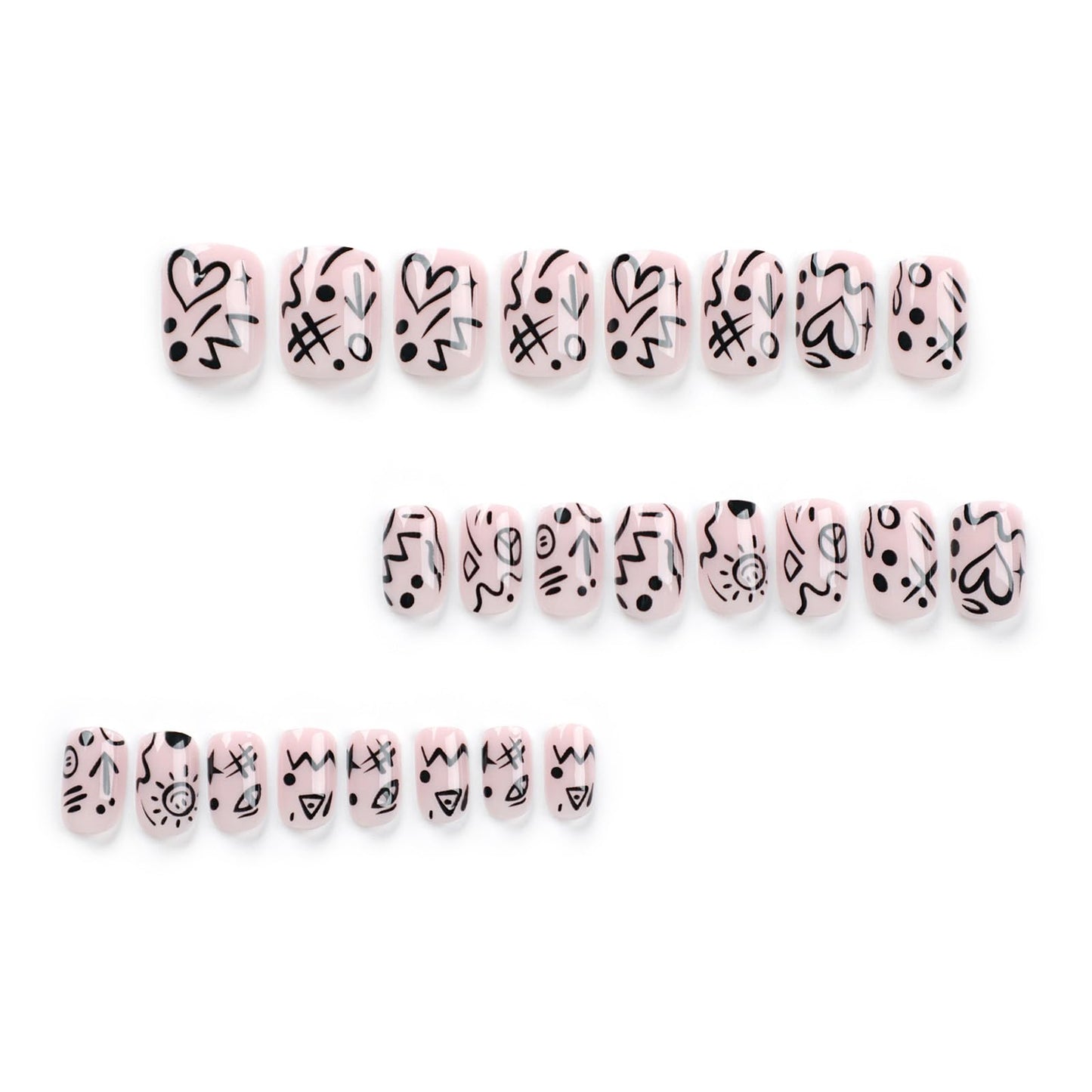 Short Squoval Abstract Doodle Press On Nails, Black Line Art Fake Nails for Women, Reusable Stick On Nails, Short Glossy Nude False Nails, Trendy Graphic Nail Designs