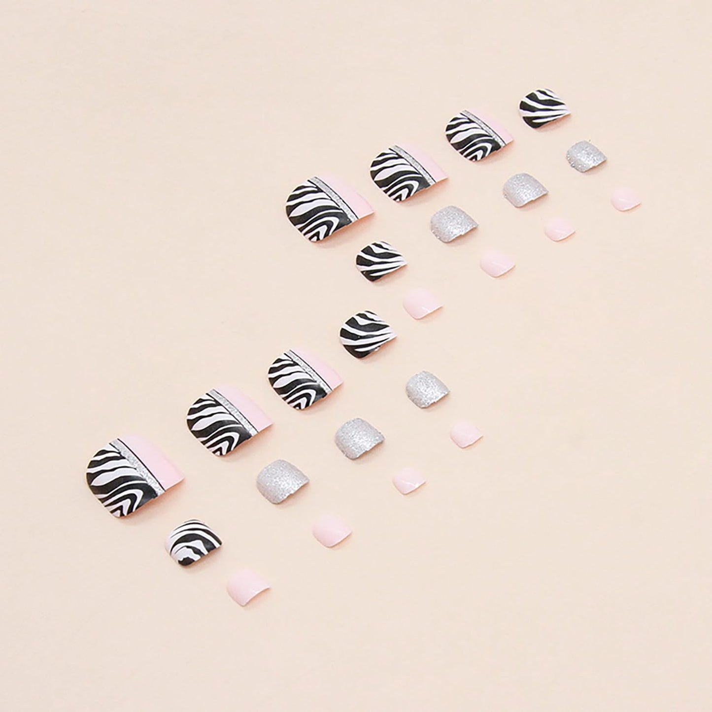 Press on Toenails Coffin with Zebra Stripes Designs, Full Cover Reusable False Toenails with Glue, Artificial Acrylic Fake Nails for Toe, Glue on Toenails with Charm, Stick on Toe Nails for Women