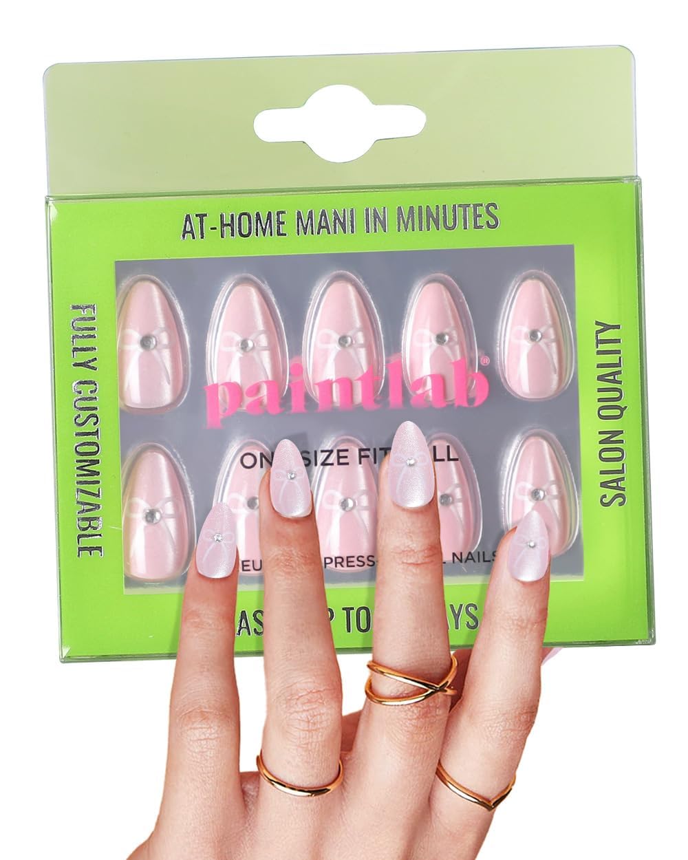 PaintLab Press-On Nails Manicure Kit, Pink Coquette, 24-Piece Set, Long-Lasting Fake Nails with Glue, File, Prep Pad & Cuticle Stick