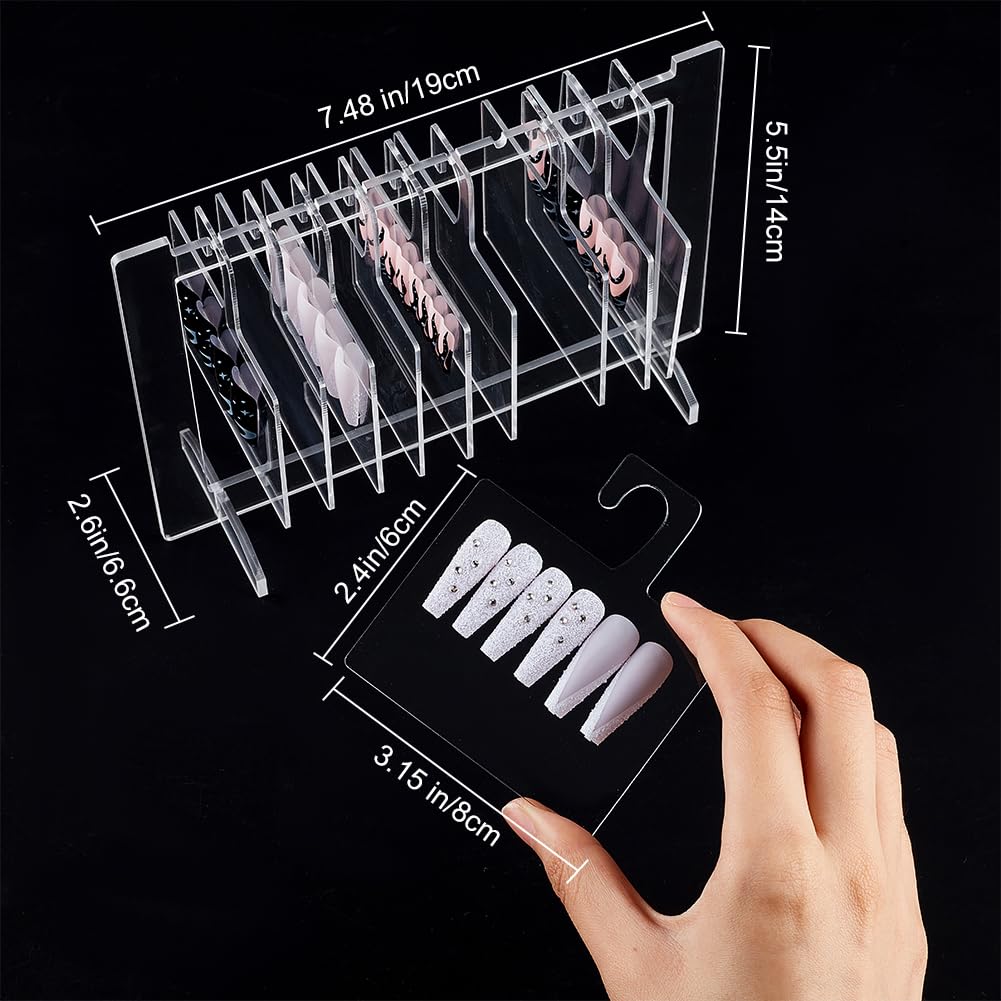 DELORIGIN Acrylic Nail Art Display Boards Clear Nails Tips Charm Sample Display Stand with 10pcs Hangers Nail Art Display Rack False Nail Organizer for Salon Nails Art Design Practice Manicure Tool