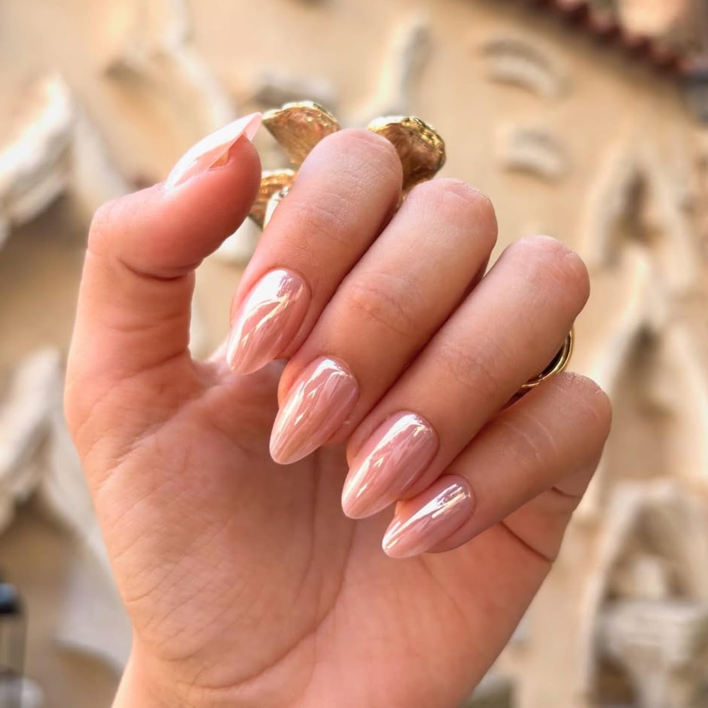 LAMIMOSA 32Pcs Chrome Press On Nails Short Almond - Soft Gel Fake Nails in 16 Sizes, Reusable Glue on Nails Kit, GLAZED SUNSET
