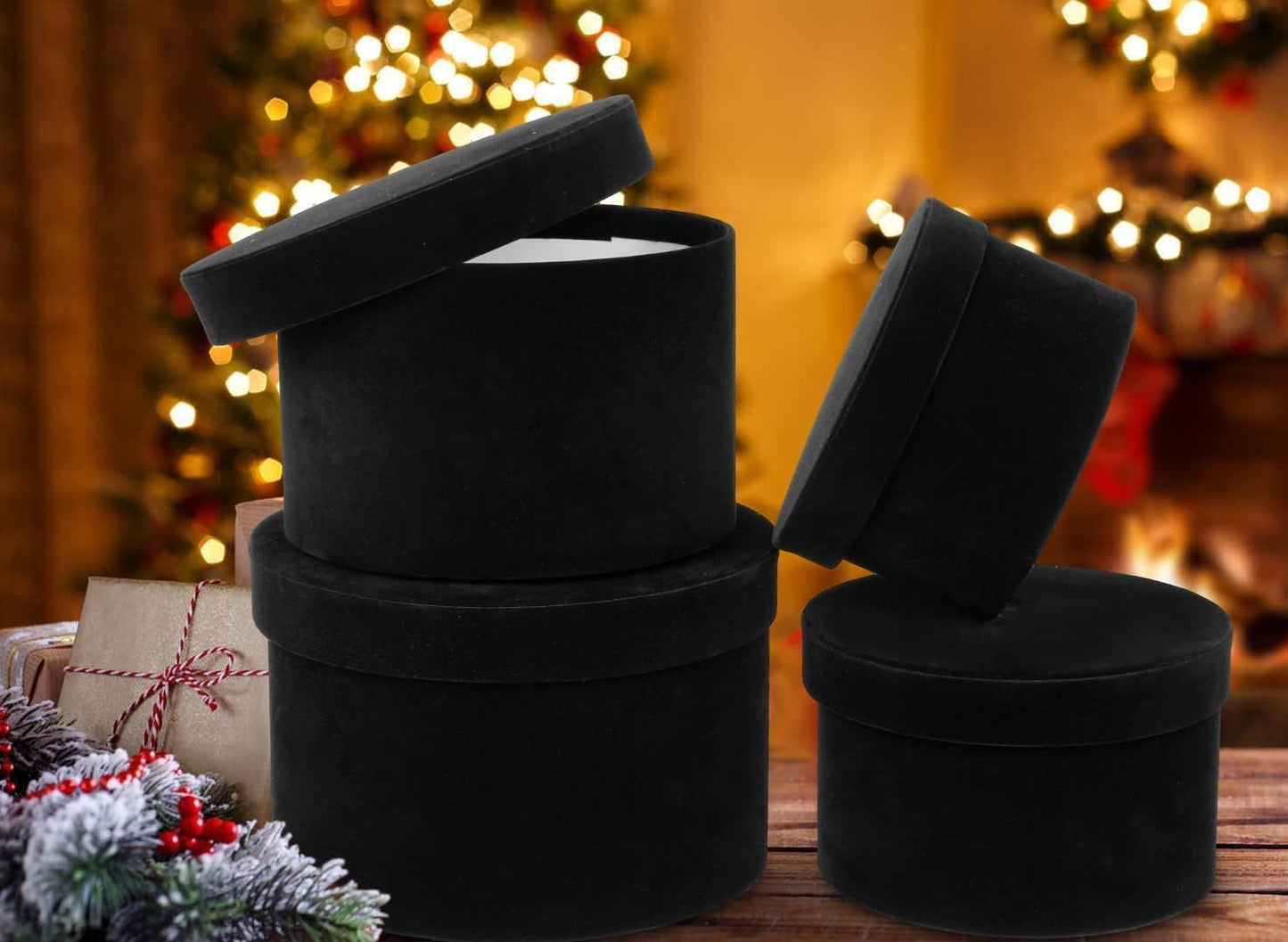 GnFlus Black Gift Boxes with Lids for Presents Set of 4 Round Velvet Nesting Gifts Box for Arrangements Flowers Wedding Birthday Mothers Valentines Day Bridesmaid Christmas Party Anniversary