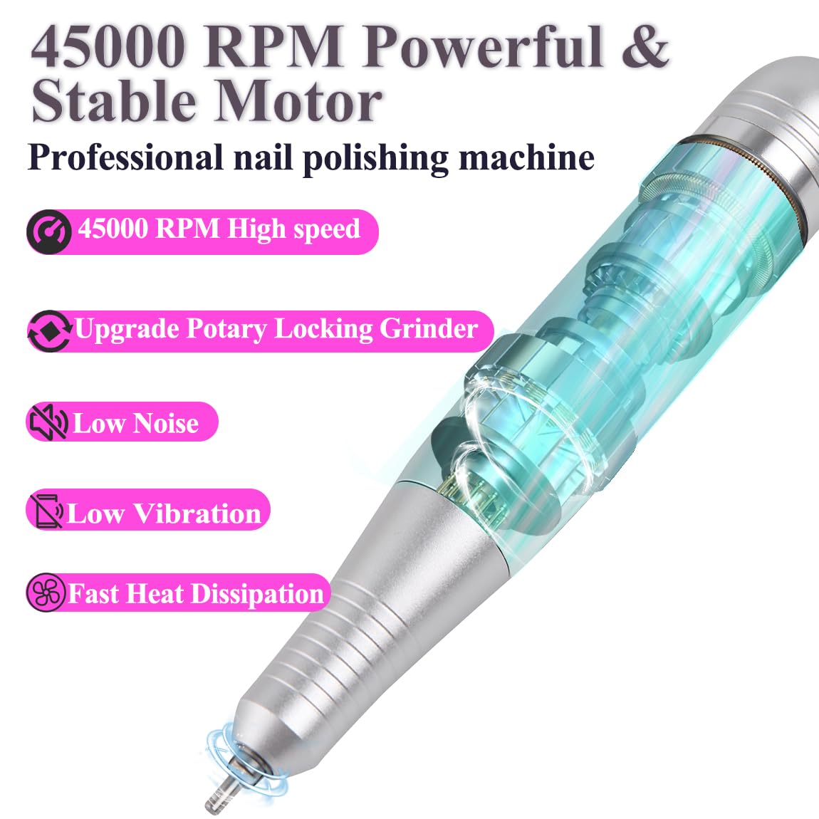 Professional 45000RPM Electric Portable Nail Drill Machine Rechargeable Low Noise Nail Sander File for Manicure Salon Tool (Pink)