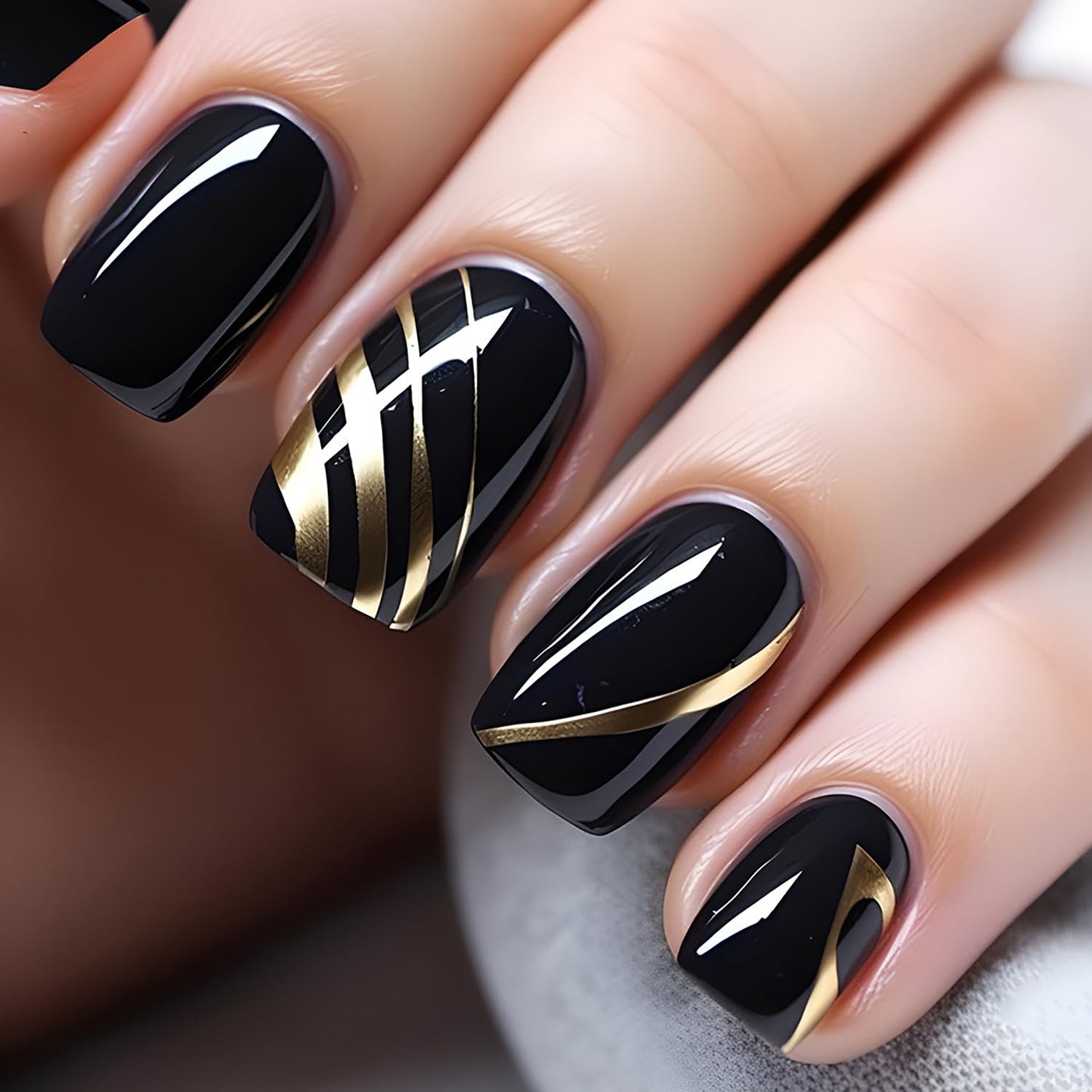 Press On Nails - Short Black False Nails with Gold Lines Design, Square, Full Cover, Glossy Acrylic, French Artificial, Reusable Glue on Nails for Women's Manicure Kit