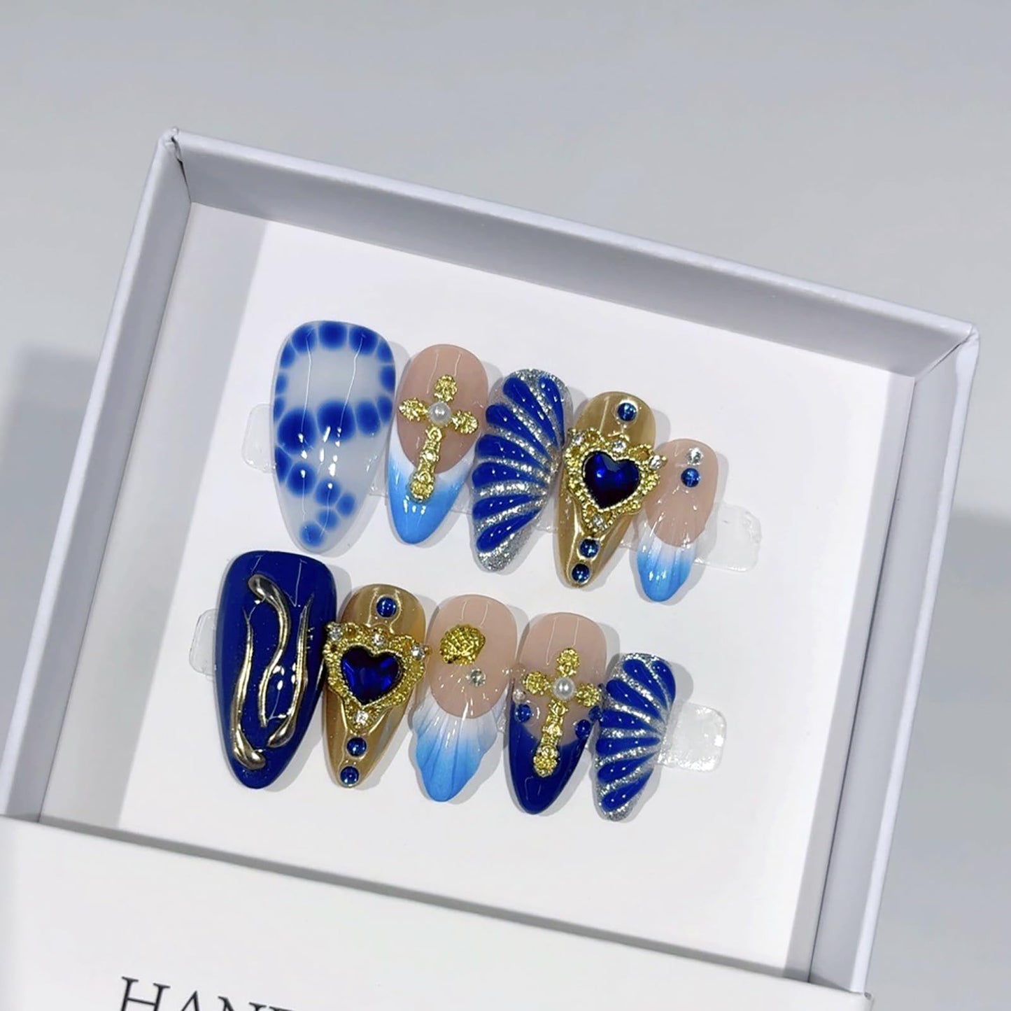 10Pcs Handmade Almond Press on Nails Acrylic Medium Fake Nails Blue French Tip False Nails with Golden Seashell Heart Rhinestone Design Glitter Artificial Stick on Nail for Women Handmade Nail (S)