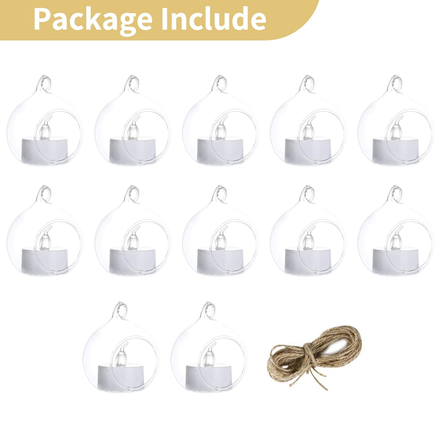 NUPTIO Hanging Glass Globe with Candles: Set of 12 Tealight Candle Holders with LED Tea Lights - 2.36 inch Bulk Clear Votive Candleholders for Party Wedding Birthday Shower Celebration Tree Decoration