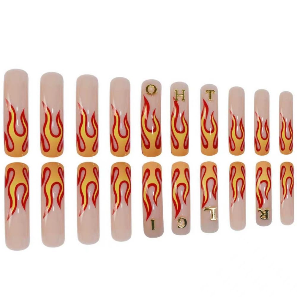 48Pcs Curved Press on Nails Orange Red Flame Press on Toenails Long Fake Nails with 5D Letters Charm Design Glossy Rhinestones Fake Toenails Glossy Full Cover Nails Press on Set for Women Manicure