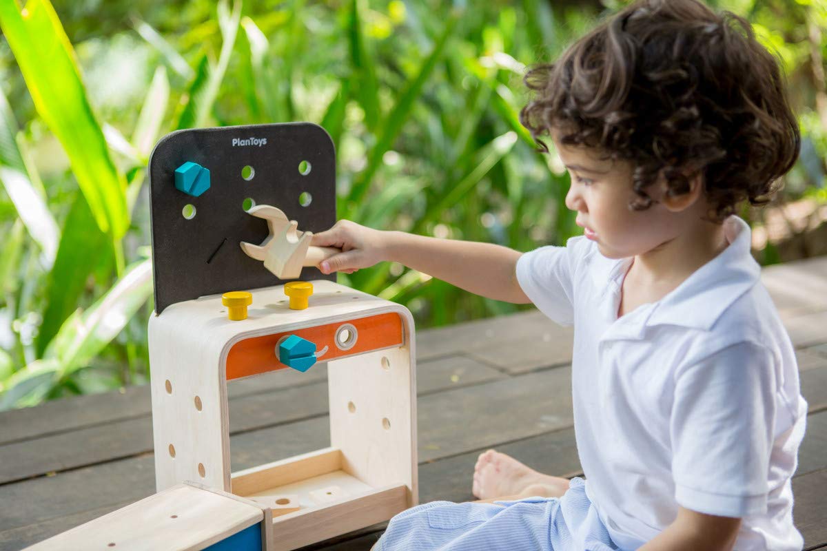 PlanToys® Wooden Tool Bench for Kids | Pretend Play Construction Toy with Tools & Accessories | Educational STEM Toy for Toddlers | Montessori Fine Motor Skills Workbench Playset
