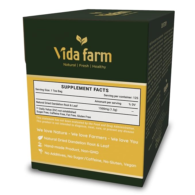 VIDA FARM 125 Dandelion Tea Bags - 100% Natural Dandelion Leaf & Root, Sugar Free, Caffeine Free, Non-GMO - Premium Dandelion Root Herbal Tea, Smooth Taste
