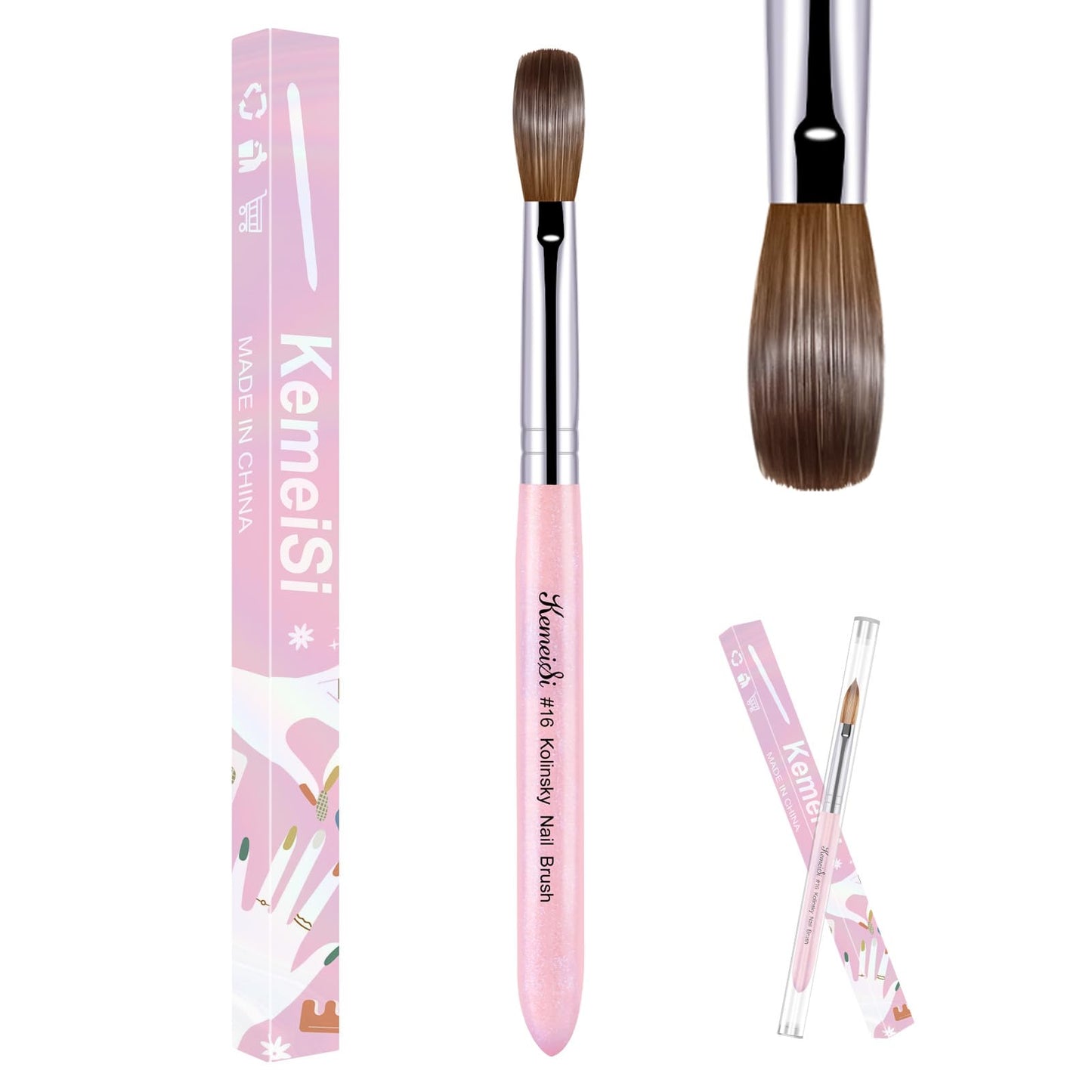 KEMEISI Acrylic Nail Brush Size #16, 100% Pure Kolinsky Nail Art Brushes for Acrylic Application, Sturdy Starry Handle Oval Shaped Nail Design Tools for Professional Manicure DIY, Pink