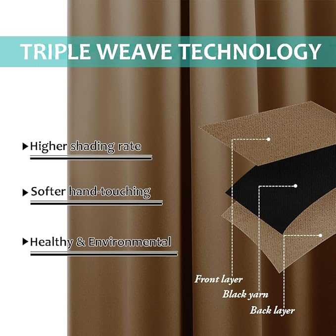 NICETOWN 100% Blackout Window Curtain Panels, Gold Brown, 2 Pieces, 70-inch Wide Per Panel, Full Light Blocking Drapes with Black Liner for Nursery, 72-inch Drop Thermal Insulated Draperies