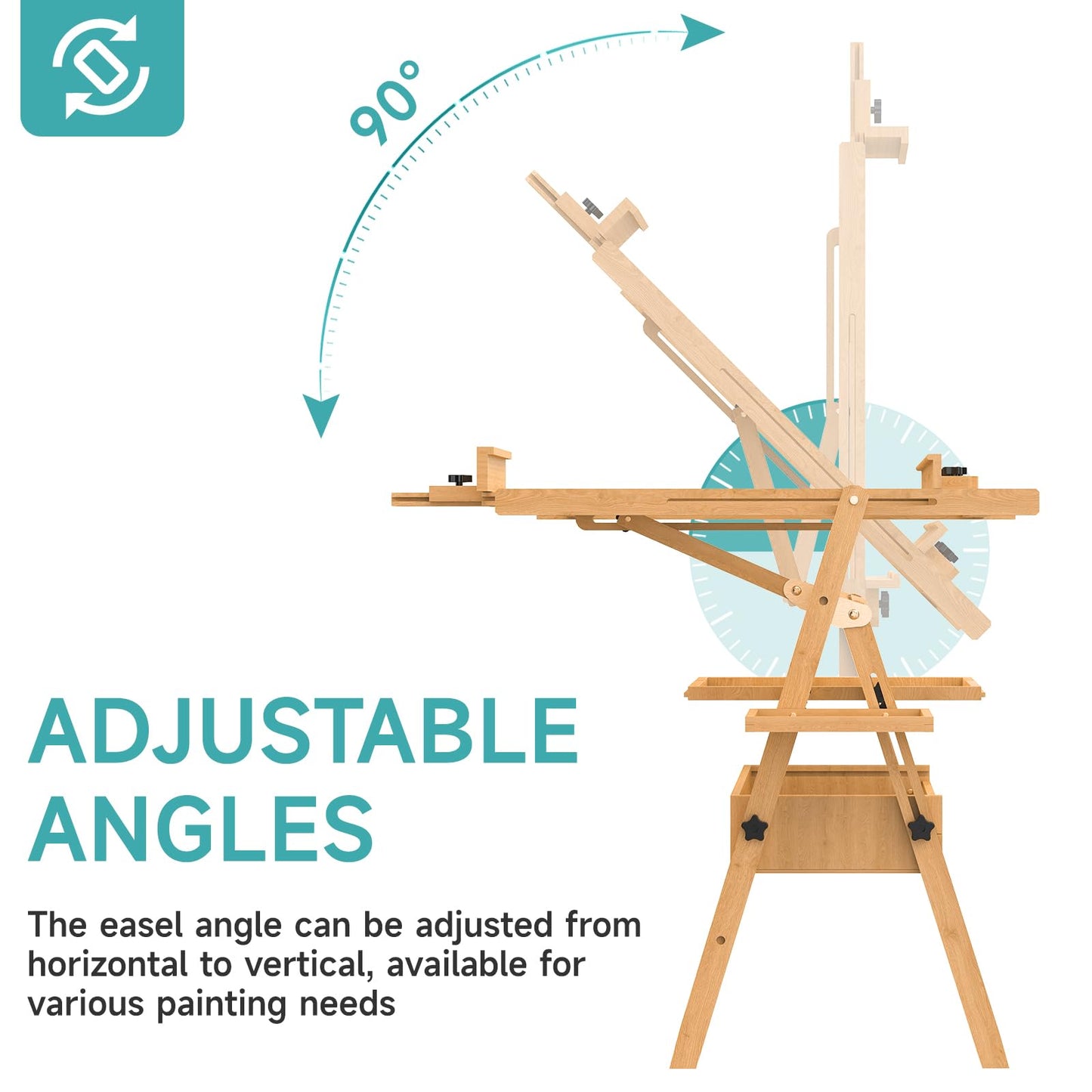 Solid Beech Wood H-Frame Easel, Large Painting Easel with Storage Box and Palette, Professional Foldable Studio Art Easel Stand with Signature Box for Adults, Holds Canvas Art up to 48"