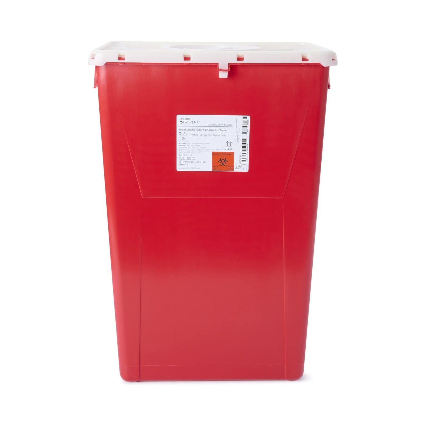 McKesson Prevent Premium Biohazard Sharps Container - Vertical Entry, Rotating Lid - Red and White, 18 gal, 13 in x 17 3/10 in x 24 3/5 in, 7 Count