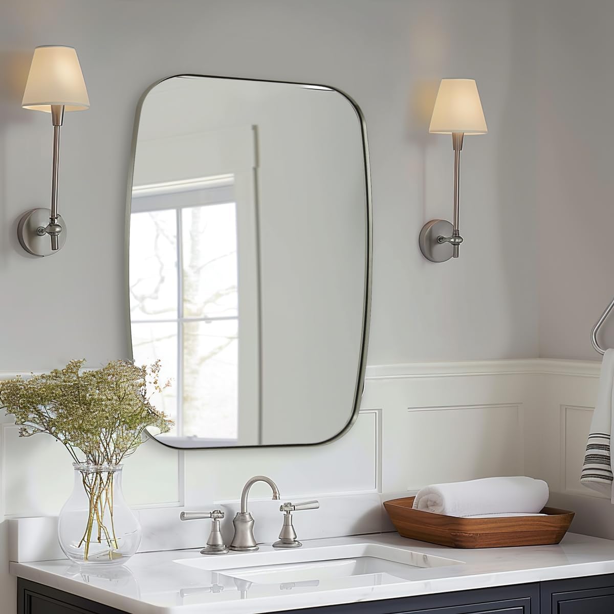 ANDY STAR Brushed Nickel Mirror, 28x36 Inch Stainless Steel Metal Frame Oblong Bathroom Mirror for Vanity, 1’’ Deep Wall Mounted Vertically/Horizontal