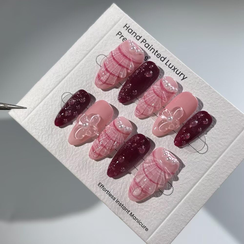 10 Pcs Press on Nails Medium Almond Fake Nails, 3D Pink Shell Design Full Cover Stick on Nails, Handmade Artificial Acrylic Nails with Nails File Set (Size M)