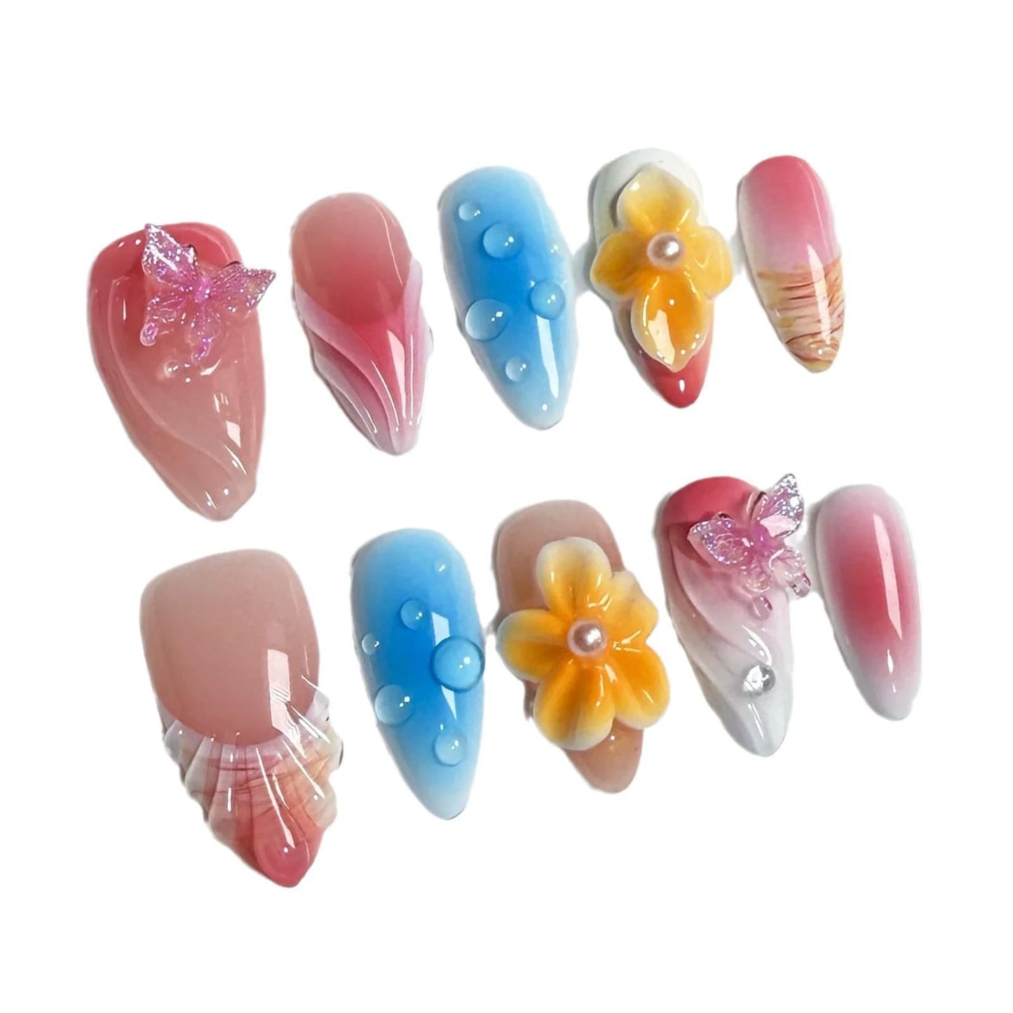 Qicaijia 10Pcs(Size M) Medium Almond Handmade Press On Nails - Luxury Glossy French Tip Acrylic Fake Nails with 3D Butterfly Floral Petal Designs, Reusable for Women’s Manicure