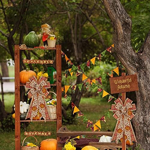 Large Fall Bows for Wreath, Thanksgiving Pumpkin Leaves Wreath Bows Orange Buffalo Plaid Bows for Front Door, Farmhouse Ornament Burlap Tree Topper Bows for Fall Indoor Outdoor Decoration