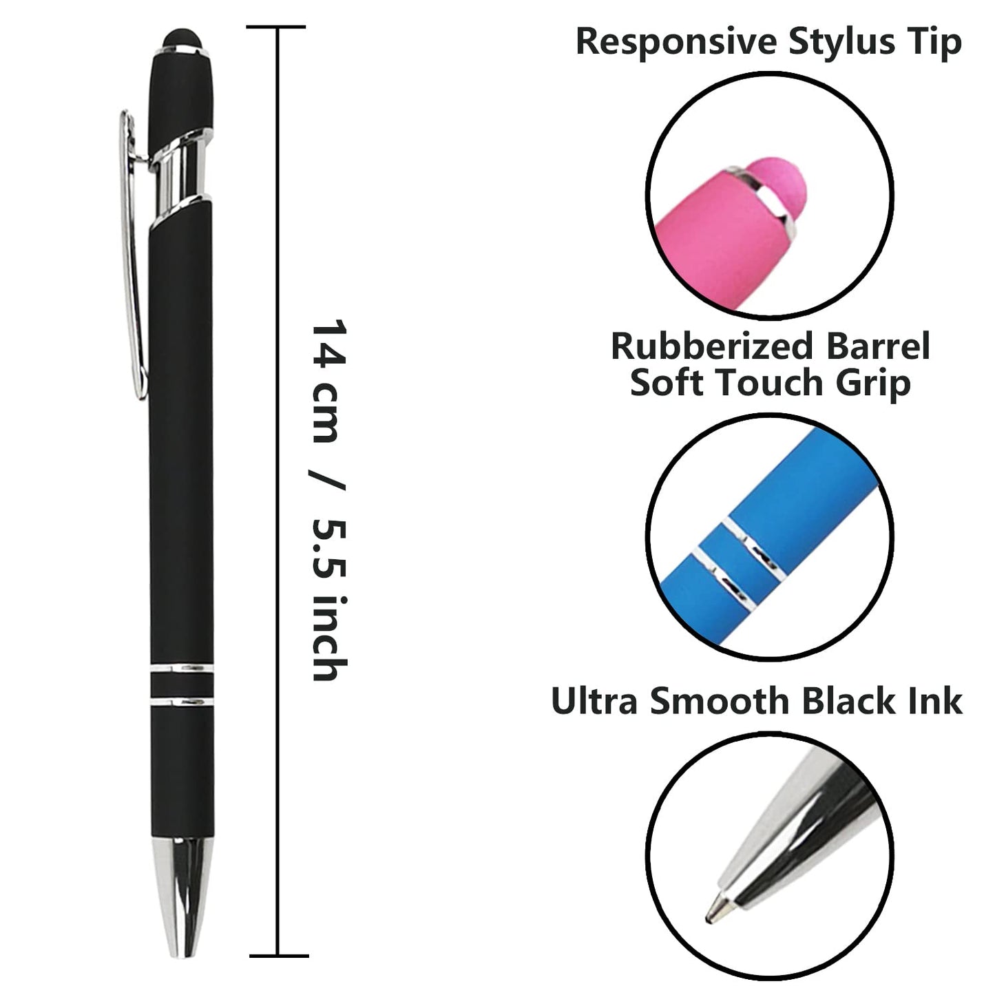 Oddmoal Ballpoint Pen with Stylus Tip, Soft Touch Click Metal Pen, 1.0mm Medium Point, Black Ink, 12 Count(Black)