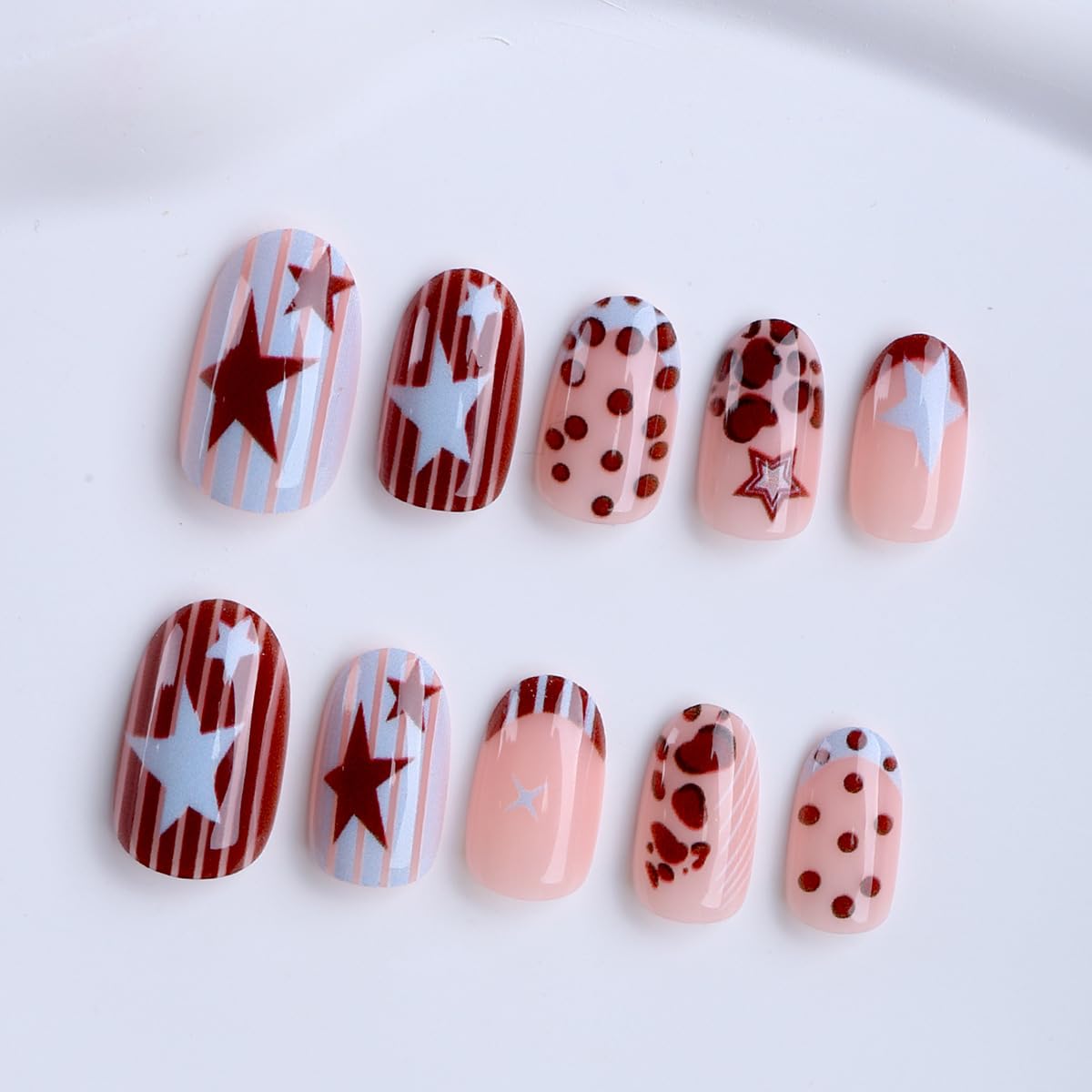 Short Oval Press on False Nails - Star & Dot & Striped Fake Nails, Y2K Brown Blue Full Cover Stick on Nails for Women Manicure 24Pcs