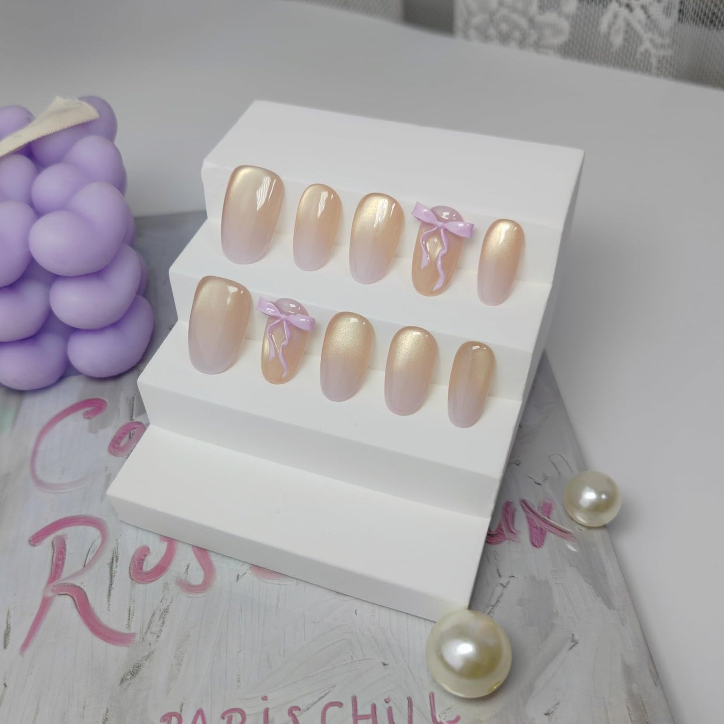 Short/Medium Oval Nails Handmade Glitter Press on Nails with Designs, Cat Eye/Aurora Women Reusable False Nails (Purple Ombre#Medium)