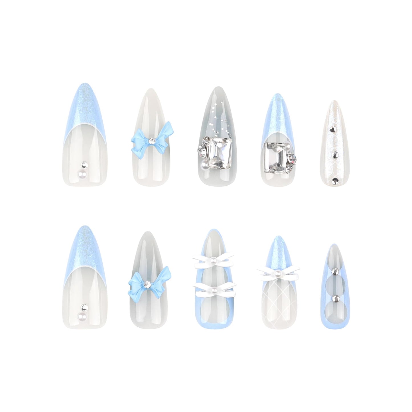 Bow Press on Nails Blue Fake Nails Long Stiletto False Nail with Diamond Design French Tip Glue on Nail Glossy Full Cover Artificial Acrylic Stick on Nails for Women Manicure 24Pcs