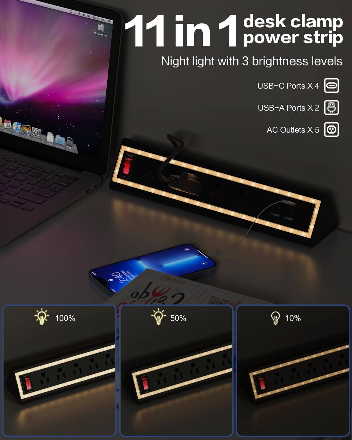NYYTGE Desk Clamp Power Strip with Nightlight, 40W Fast Charging, 6FT Extension Cord, 4x20W USB-C & 2 USB Ports, 5 AC Outlets, Fits 1.69-Inch Table Edges