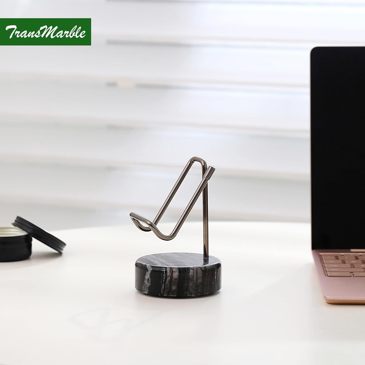 Marble Phone Stand with Metal Holder, Charging Available While Using, Swipe Up to Unlock, Made of Natural Marble as Business Card Holder for Office Desk (Wooden Black + Black)
