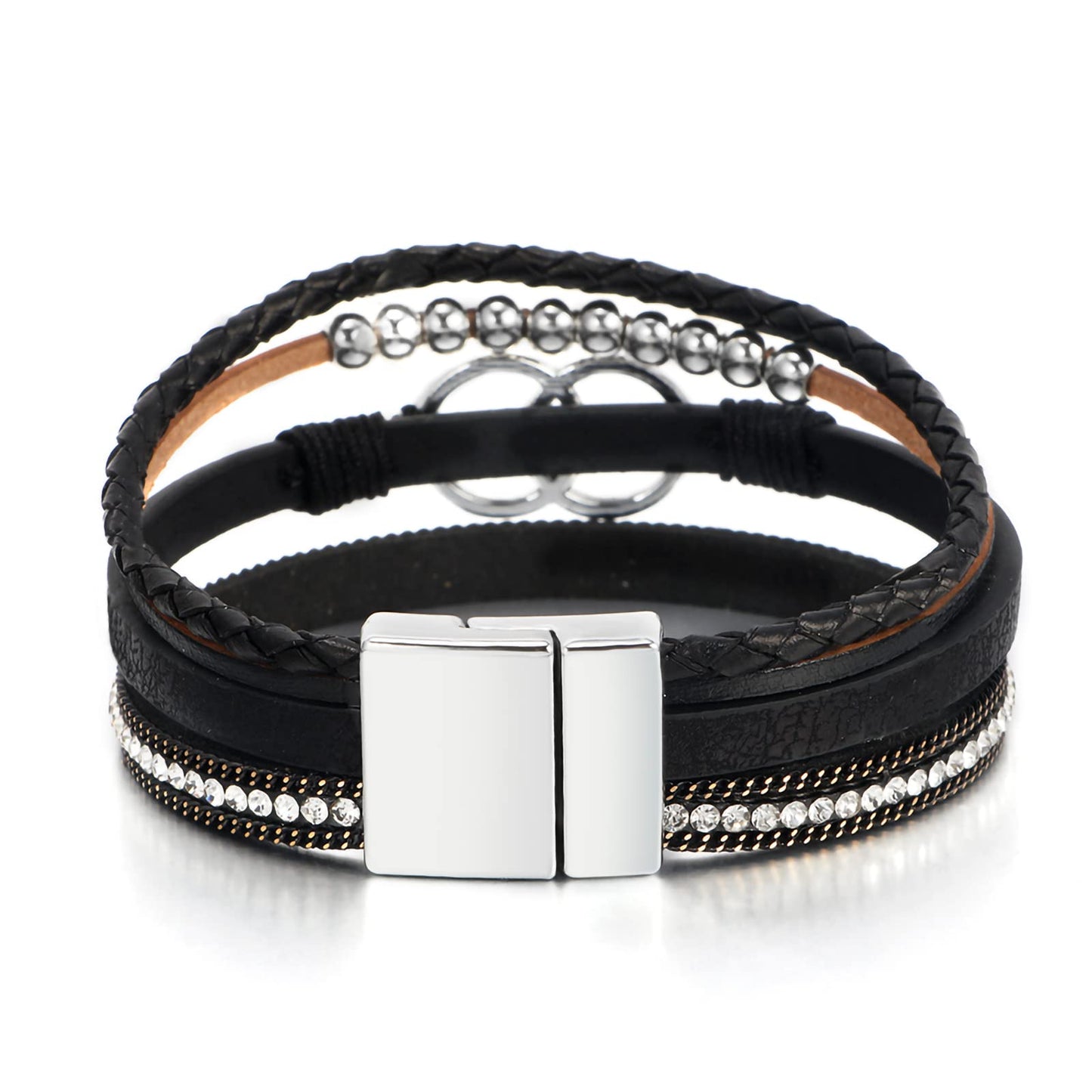 Leopard Bracelet for Women, Boho Leather Wrap Multi-Layer Pearl Crystal Bracelet Bangle Jewelry (Double Circle(Black))