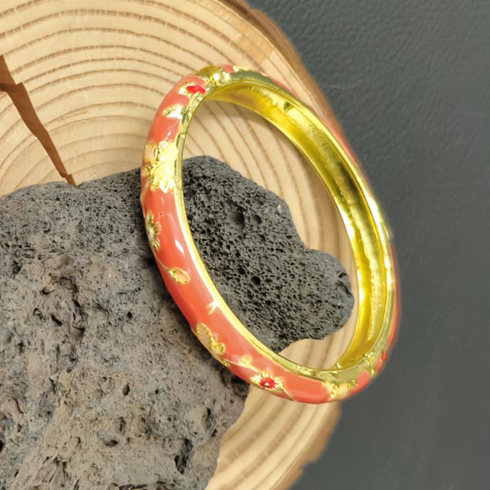BlingNook Cloisonne Bracelet For Women, Chunky Bangle Trendy Cute Flower Enamel Bangles Multi Tone Engraved Cuff Gold Plated Bracelets Stackable Wife Jewelry Friendship Gift (Rose, One Size)