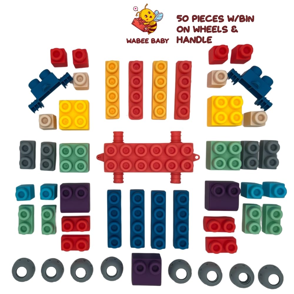 WaBee Baby Soft Rubber Building Blocks - 50 Pieces in Wheeled Bin Ages 12mo+ - Extra Large Chew-Safe Sensory Toys - STEM Learning Set - Not Compatible with Duplo/Mega
