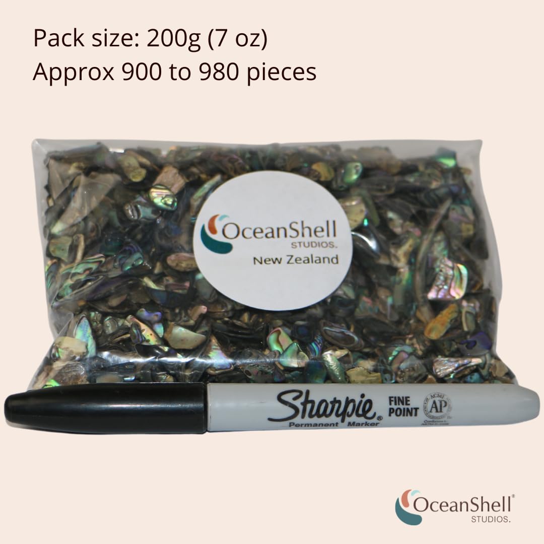 Abalone (Pāua) Shell Pieces-7.05oz Pack-for Crafts, Jewelry Making, Resin Art, Inlay, Home Decorations, Fishtank Supplies, DIY Projects - Satin, X-Fines Size 0.07"- 0.19" (2-5 mm) 7.05oz (200grams)