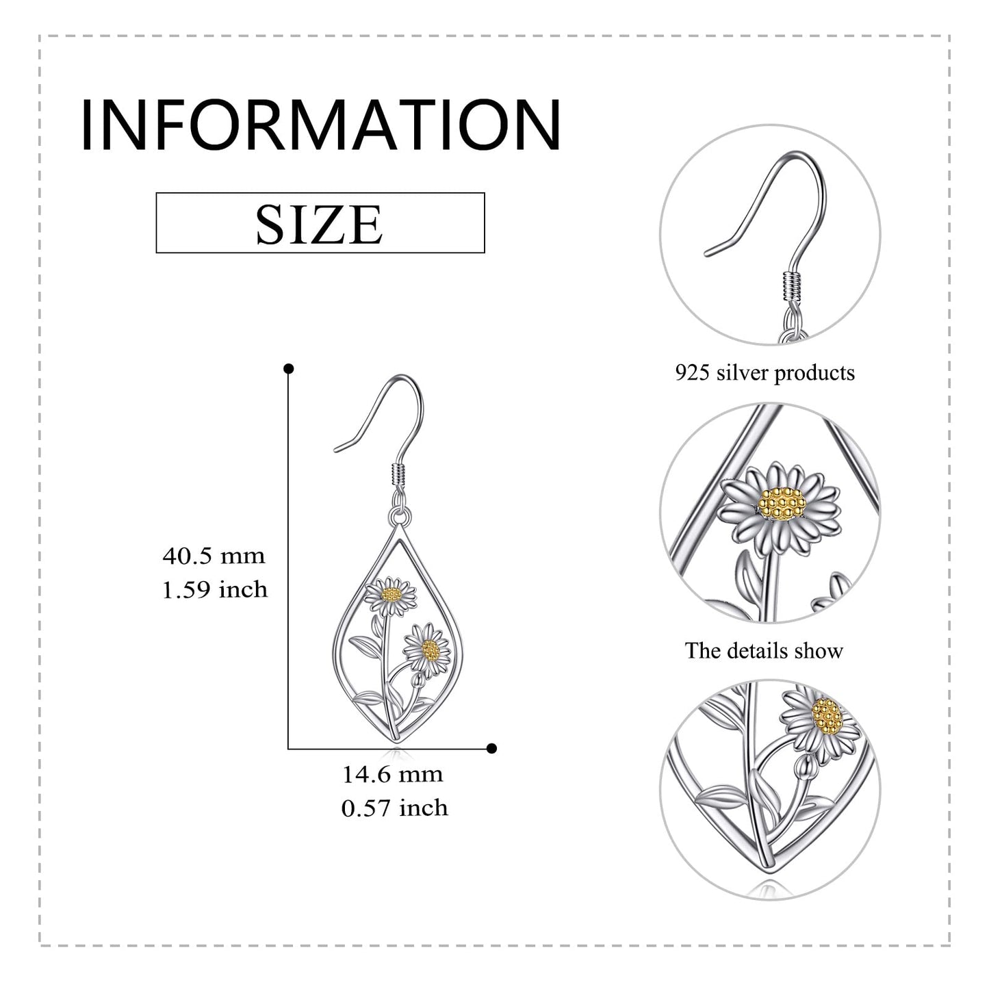 Daisy Earrings 925 Sterling Silver Daisy Flower Floral Dangle Dangling Drop Charm Earrings Boho Jewelry Gifts for Women