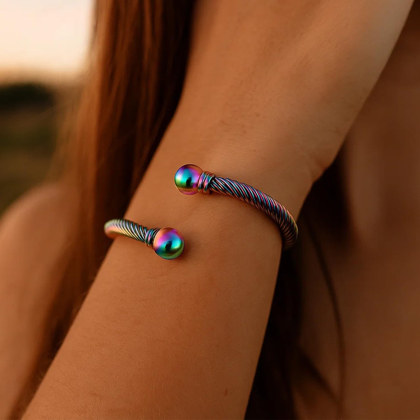 BOLAGTIER Stainless Steel Twisted Cable Wire Bracelets Adjustable Open Cuff Bangle Bracelet Vintage Jewelry Gift for Women (C-Rainbow)