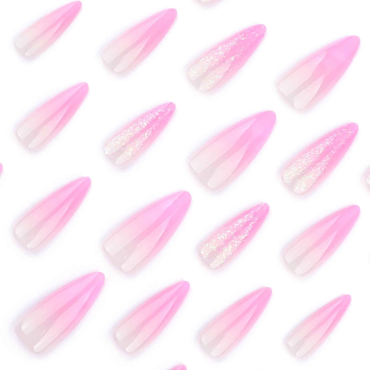 MISUD Press on Nails - Long Stiletto Glue on Nails with Pink Ombre, Acrylic Bling Glitter Design 24 pcs