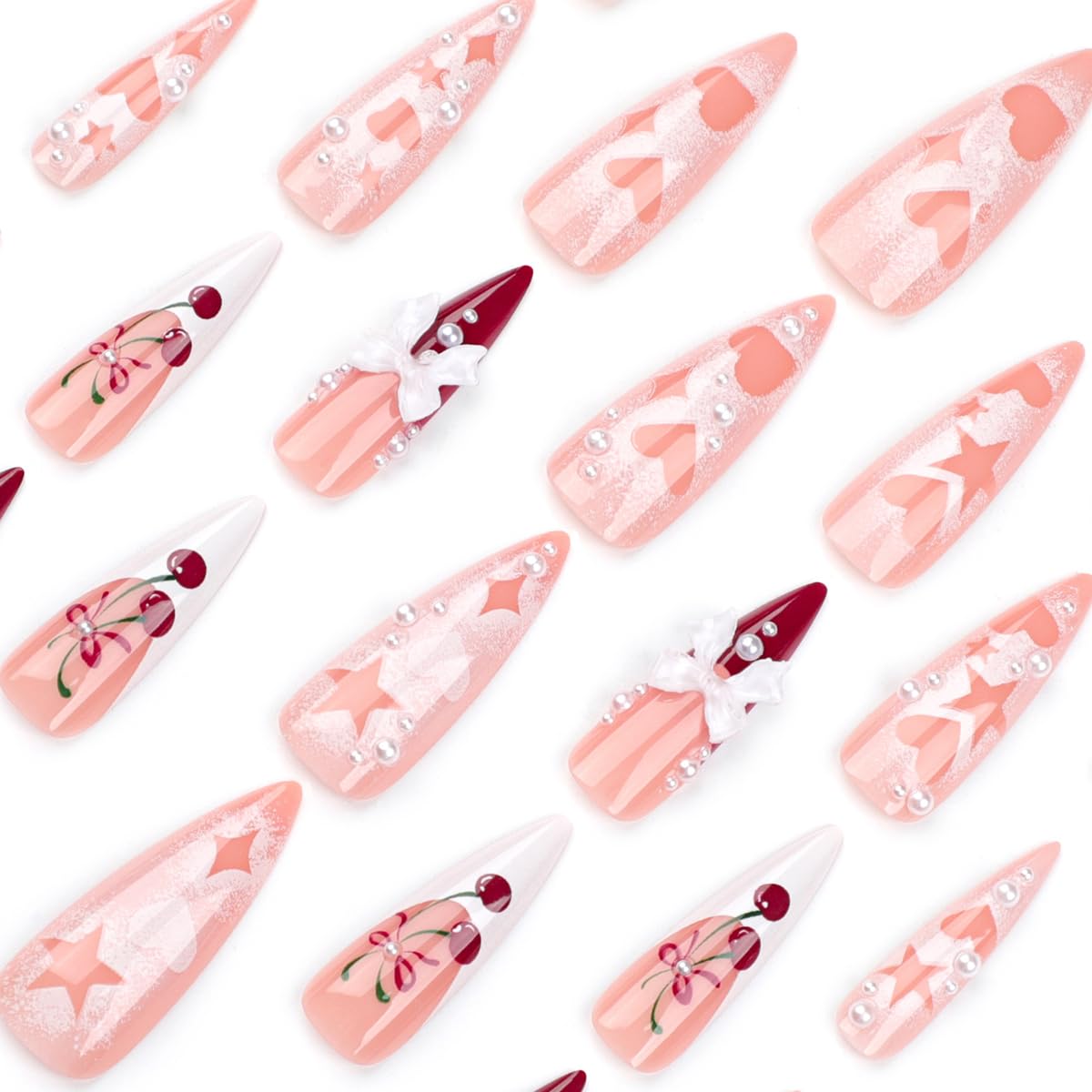 Cherry Press on Nails Long Stiletto Fake Nails French Tip False Nails Star Heart 3D Bow Design Extra Long Full Cover Glossy Acrylic Nails for Women Manicure 24PCS