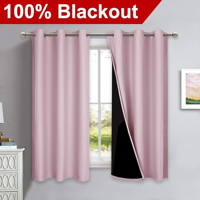 NICETOWN 100% Blackout Curtains 54 inches Long, Lavender Pink, 1 Pair, 42 inches Width Each Panel, 2 Thick Layers Completely Blackout Window Treatment Thermal Insulated Lined Drapes for Small Window