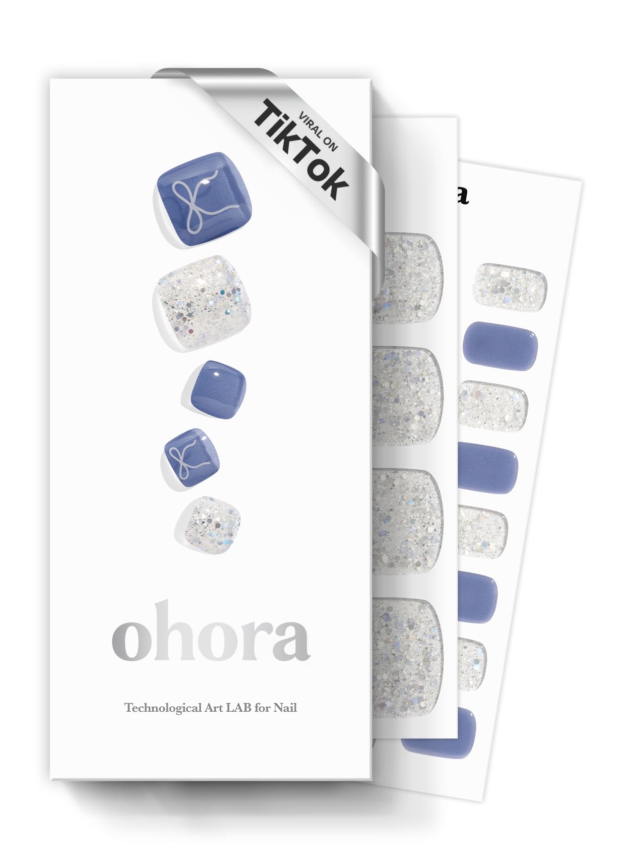 ohora Semi Cured Gel Pedi Strips (P Lavo Dress) - Blue, White, Works with Any UV/LED Lamps, Salon-Quality, Long Lasting, Easy to Apply & Remove - Includes 2 Prep Pads, Nail File & Wooden Stick