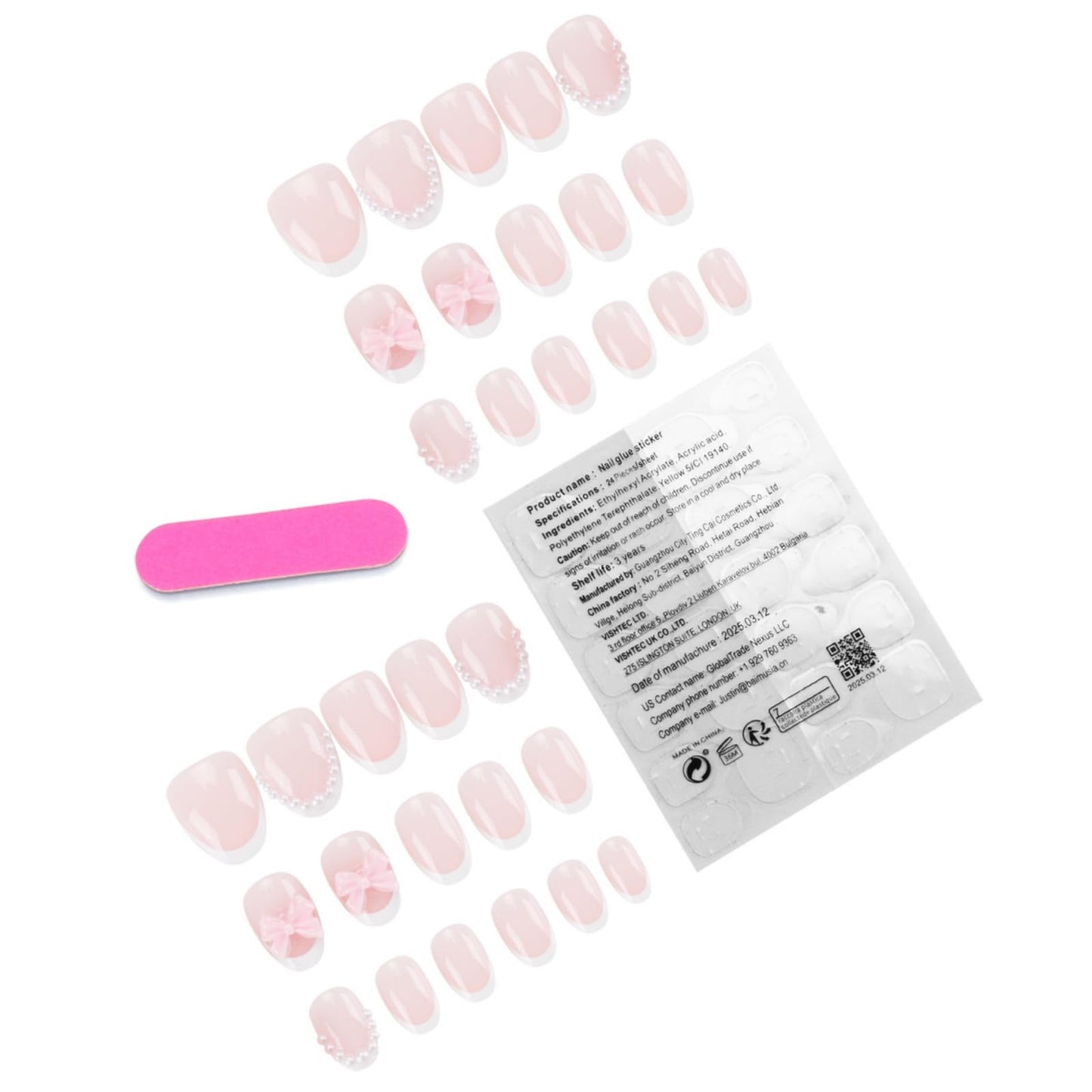 Octoswave Short Almond Press on Nails Pink Fake Nails French Bow Artificial Nail Pearl Stick on Nail for Women 24pcs