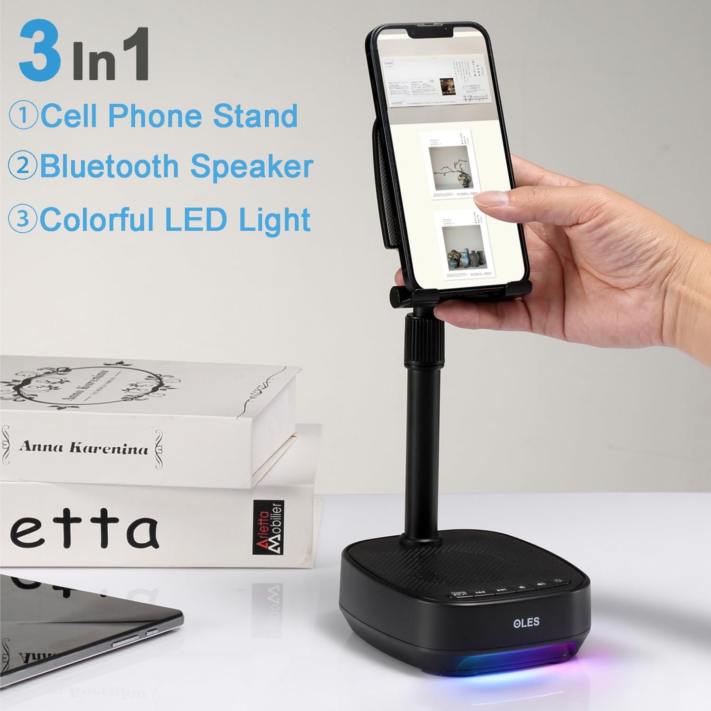 OLES Gifts for Men Women, Adjustable Cell Phone Stand with Wireless Bluetooth Speaker(7-11''Height), Unique Birthday Gifts for Dad Mom Him, Phone Holder Led Color Light for iPhone/Android/Tablets