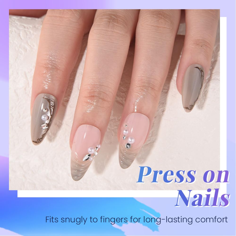 evpct Nude Pink 3D Press on Nails Short Almond No Glue with Wave Pearl Design, 3D Wave Tip Stick on Nail for Women Gift, Reusable Full Cover Soft Press on Fake Nail Perfectly Fit with Diamond Design