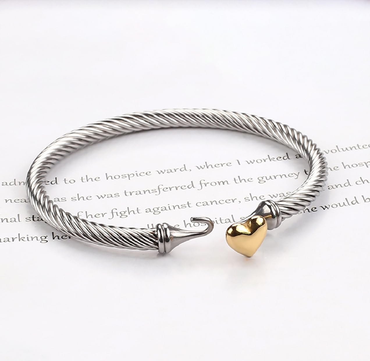 Jeolory Adjustable Twist Stainless Steel Cable Wire 14K Gold Plated Love Heart Charm Bracelets Friendship Open Bangle Wrist Cuff for Women Men