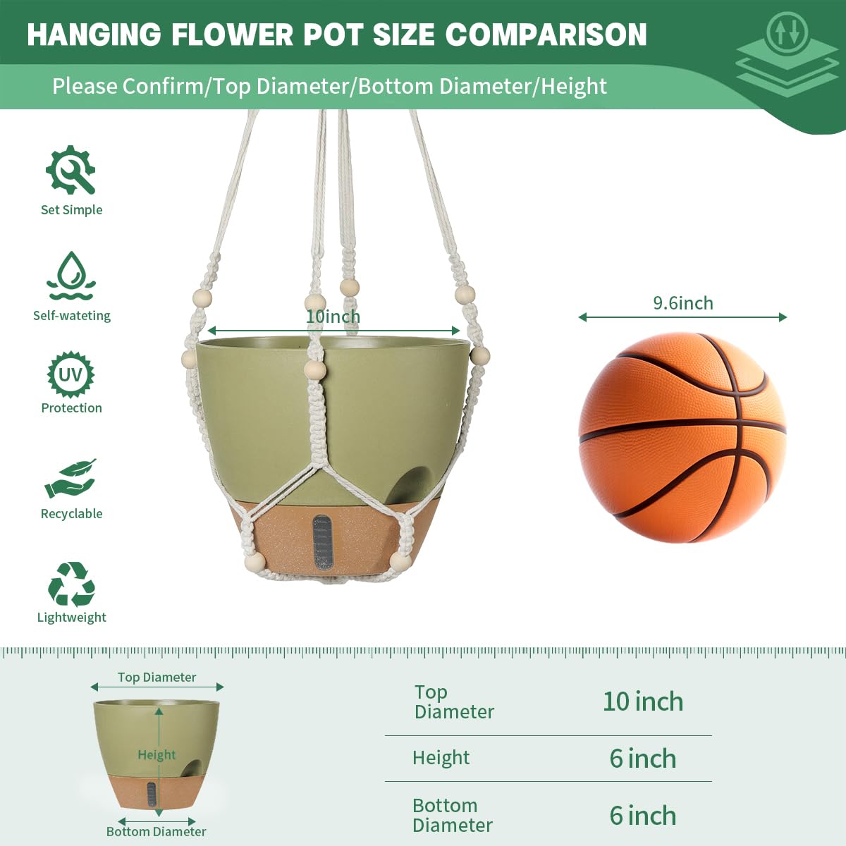 YUNLINGAA Self-Watering Hanging Planters for Indoor Plants Set 2-Piece Includes Plant Hanging Pot, Drainage-Hole Hanging Pot, and Hanging Basket Rack (10 Inches, Green)