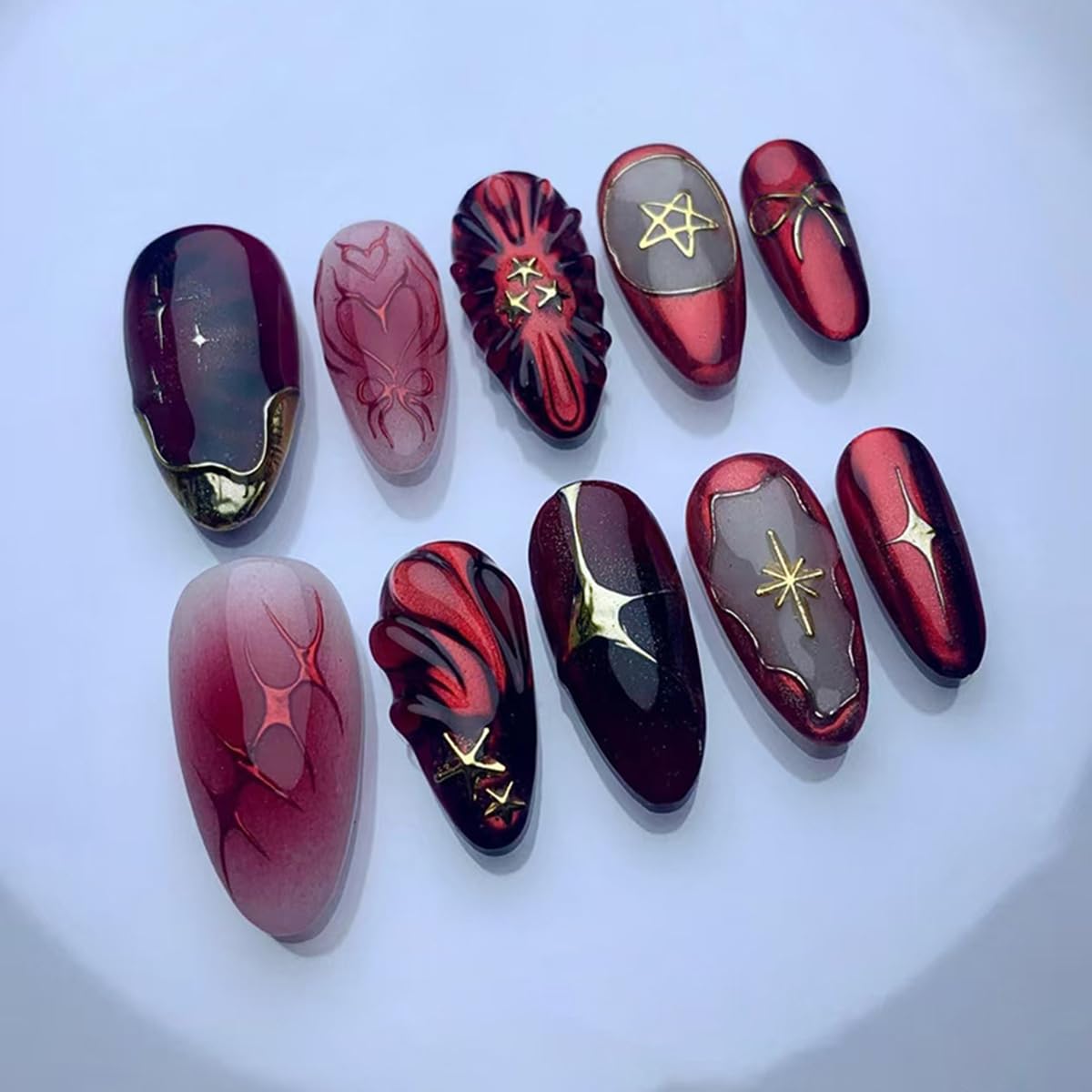 24 Pcs Summer Press on Nails Short Almond,MINGCHUN Red Fake Nails Press ons Acrylic Nail Art Tips Kit Full Cover False Nails Glue on Nails with 3D Texture Starburst Design for Women Nail Supplies