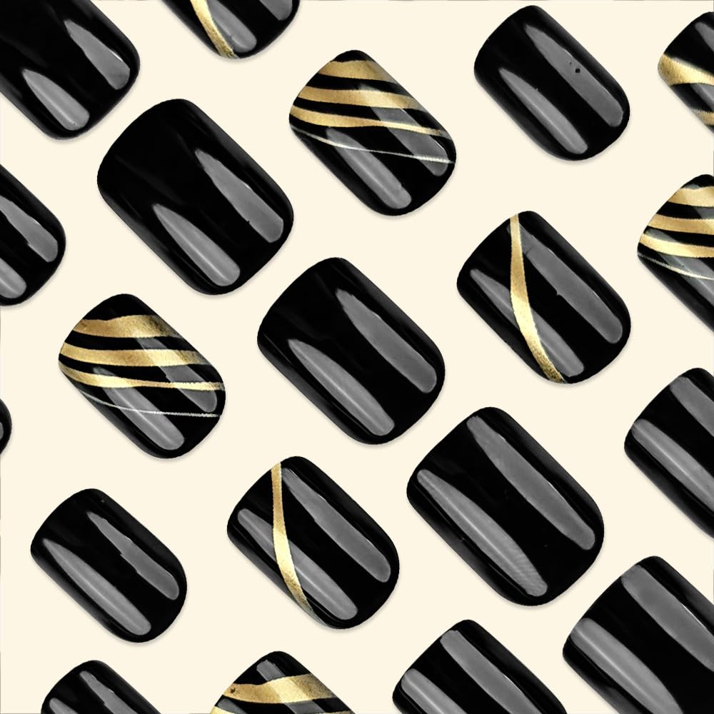 Press On Nails: Medium Square Dark Black False Nails with Gold Line Design, Glossy Full Cover Stick On Acrylic Artificial Nails for Women's Manicure, 24Pcs