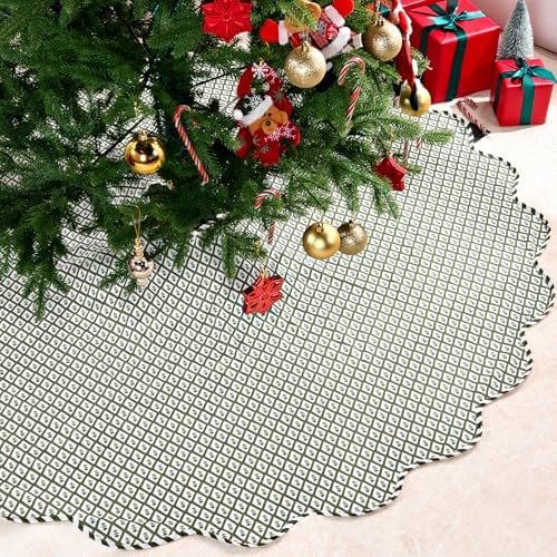 45 Inch Christmas Tree Skirt Vintage Green Plaid Floral Block Print Tree Skirts with Scalloped Edge, Classic Xmas Tree Skirt for Merry Christmas Party Holiday Home Farmhouse Indoor Outdoor Decorations