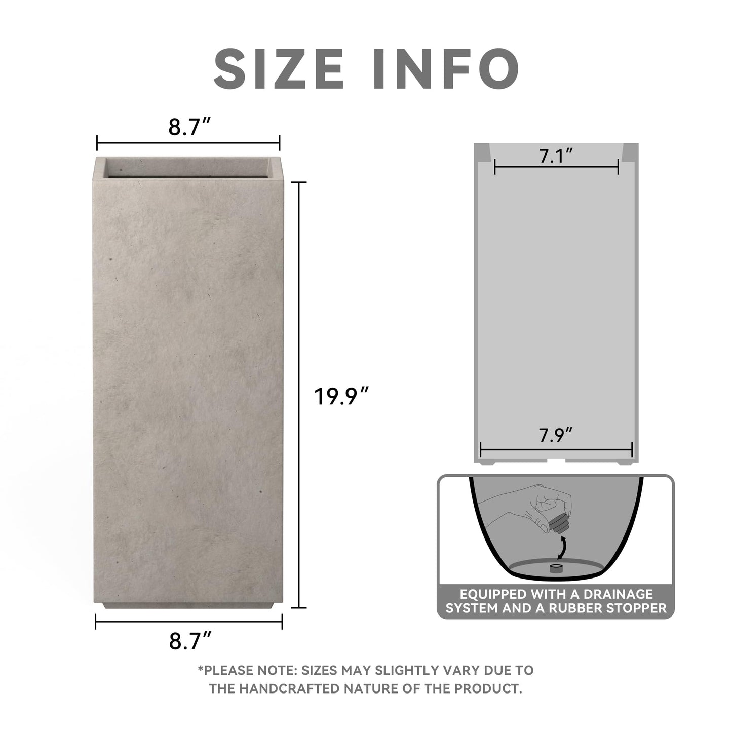 Kante 19.9" H Tall Rectangular Concrete Planter, Modern Square Diameter Plant Pot with Drainage Hole and Rubber Plug for Indoor Outdoor Home Patio Garden, Weatheted Concrete