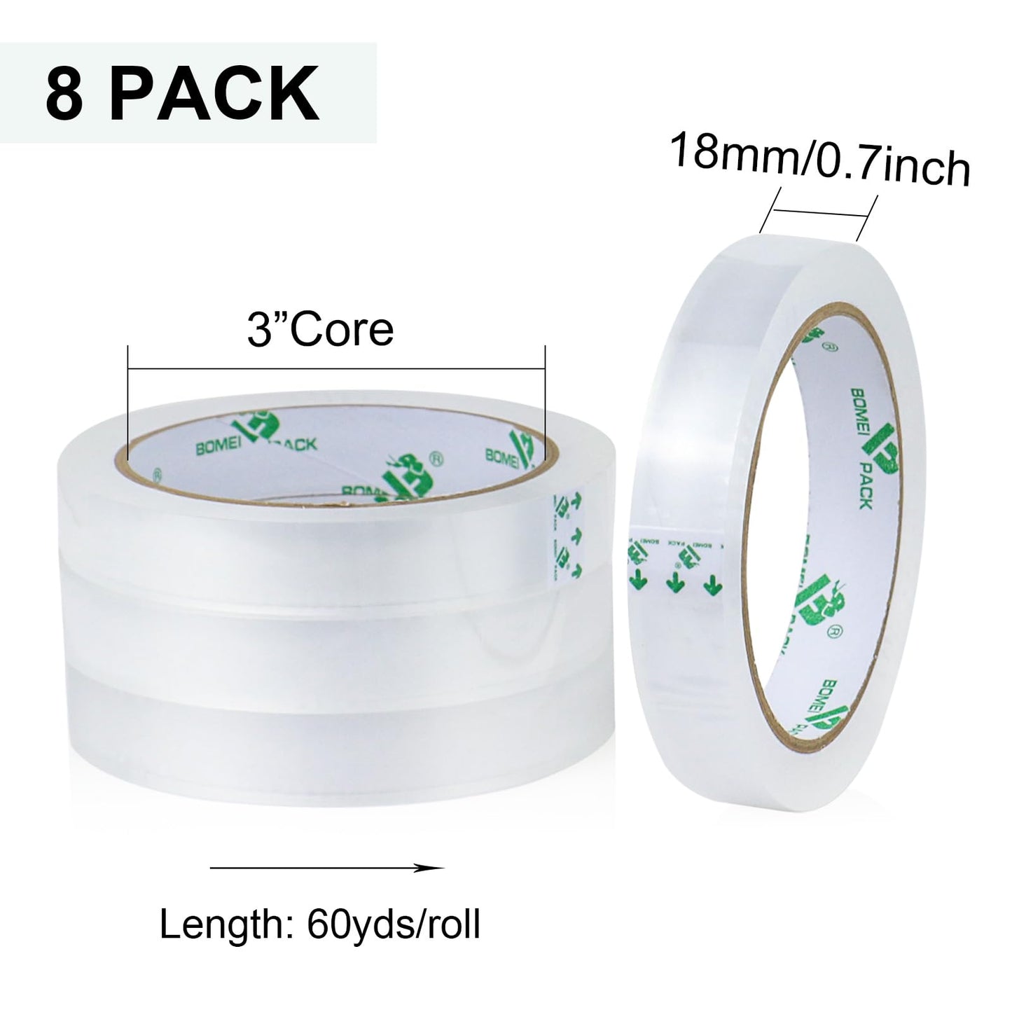 BOMEI PACK 8Rolls Clear Tape Refills for Dispenser, Transparent Gift Wrap Tape 3inch Core for Home, Office, 3/4inch x 60yds