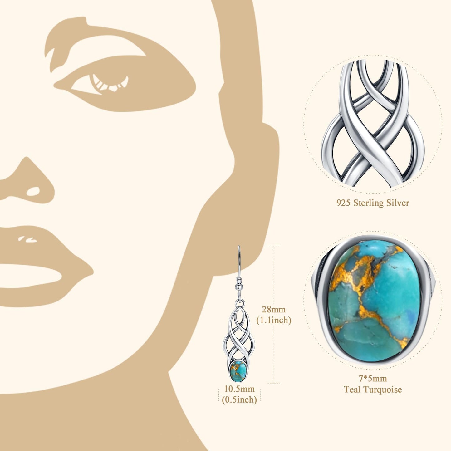 Tungstory Turquoise Earrings Sterling Silver Lightweight Celtic Dangle Earrings Celtic Jewelry for Women