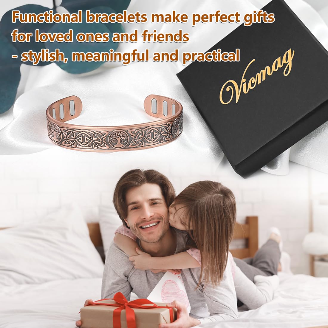 Vicmag Copper Bracelet for Men 9X Strength Magnetic 99% Pure Copper with 5000 Gauss Magnets, Tree of Life Present Box Adjustable(Celtic & Sun Moon Tree)